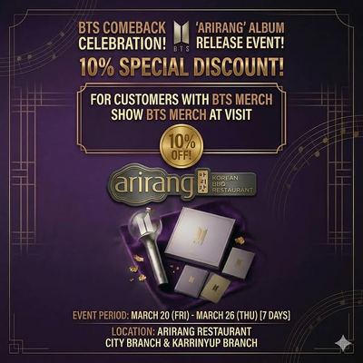 @arirangaustralia 게시물: 💜BTS ‘ARIRANG’ COMEBACK💜 ARMY, are you ready?! BTS is back! To honor their new a (2026.03.19)