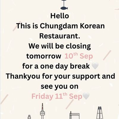 @chungdam_campsie 게시물: Closed Tomorrow! See you on Friday the 11th🤍 (2026.09.09)