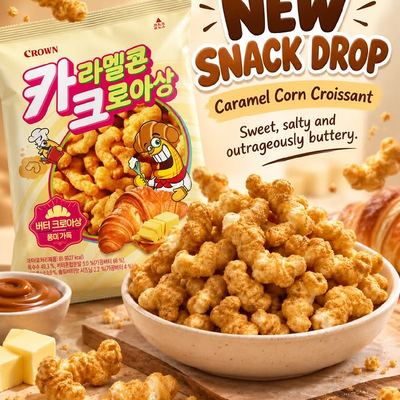 @hanaromart_au 게시물: Meet your new snack obsession: CROWN Caramel Corn Croissant 🥐✨ Buttery, sweet an (2026.09.23)