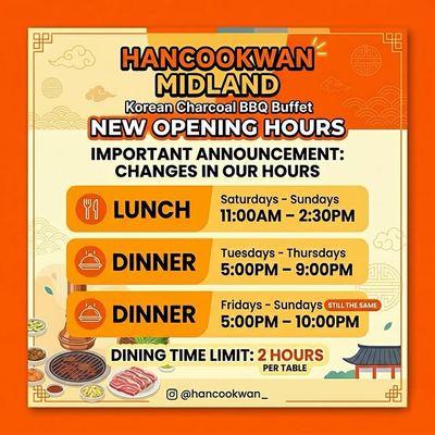 @hancookwan_ 게시물: We have new opening hours for Hancookwan Midland branch starting next month, 1 J (2026.05.28)