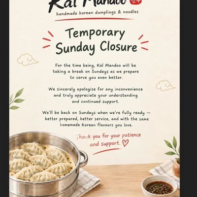 @kal_mandoo 게시물: 📢 NEW OPENING HOURS 안녕하세요, Kal Mandoo입니다 🥟🤍 더 나은 서비스와 원활한 운영을 위해 새로운 영업시간으로 변경되었 (2026.09.14)