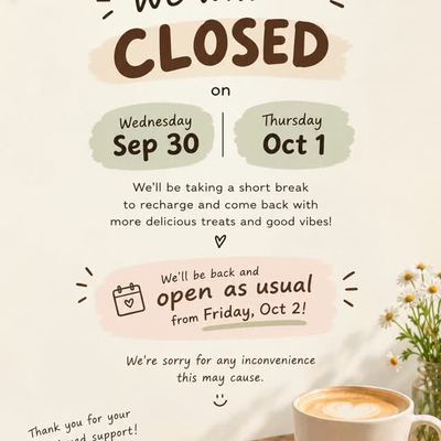 @sodamcafe.perth 게시물: A Little Break 🤎 We’ll be taking a short two-day break for personal reasons and  (2026.09.29)